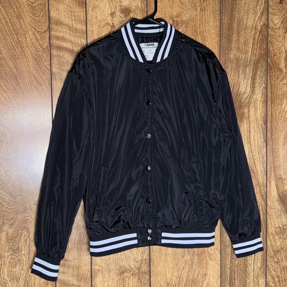 Ci Sono Womens Padded Bomber Jacket Black Varsity Striped Trim Streetwear Small